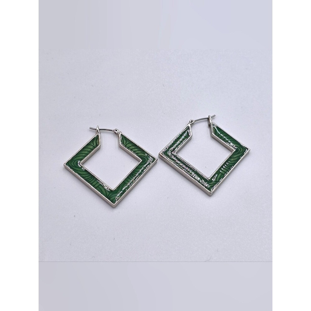 Lia Sophia Green Marbled Enamel Square Hoop Earrings Silver Geometric Latch Back